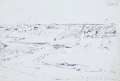 Attributed to Edward Lear, British 1812-1888- River landscape with a distant coastal town and