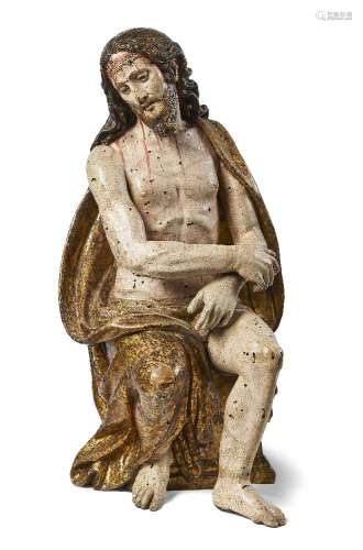 A Spanish polychrome and giltwood model of Christ as the Man of Sorrows, 17th century, depicted