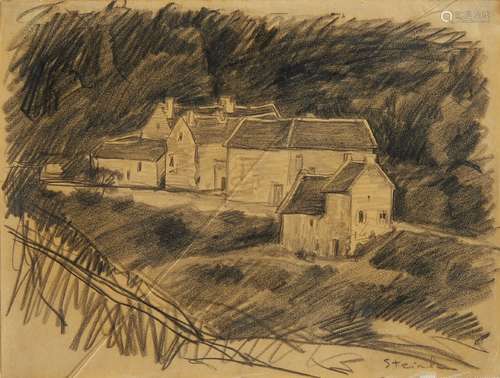 Théophile Alexandre Steinlen, Swiss 1859-1923- View of farm buildings on a hillside; pencil on