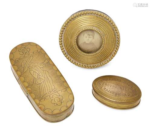 A Dutch brass tobacco box, 18th century, the hinged cover engraved with a female figure, Maria