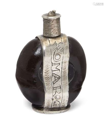 A rare English white metal mounted nut flask, possibly a vinaigrette, 16th/17th century, engraved