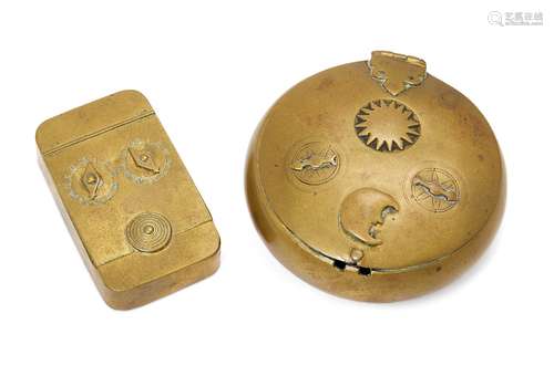 Two English brass combination tobacco boxes, 18th century, comprising: a circular box with two