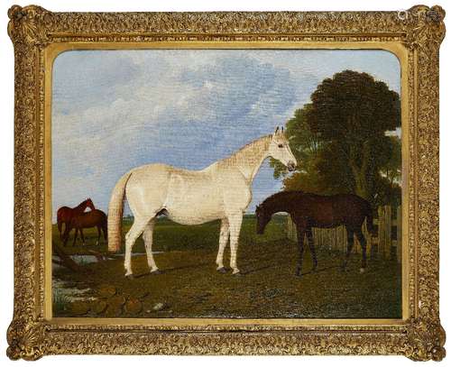 British School, mid 19th century- A brood mare and her foal in a paddock by a pond; oil on canvas,