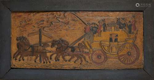 A Folk Art polychrome decorated plaster relief, first half 19th century, depicting a horse-drawn