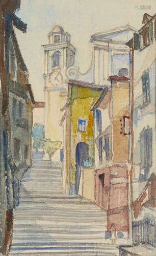 Attributed to Walter Taylor LG, British 1860-1943- Church tower and steps in Villeneuve-sur-Mer;