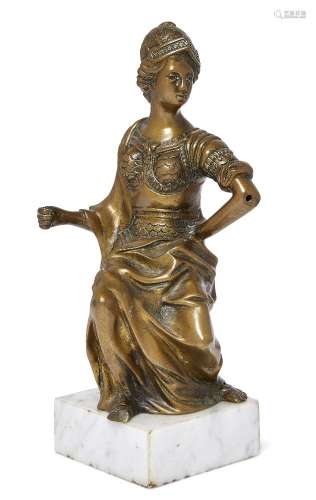 A North European bronze model of Minerva, 18th/19th century, depicted seated on a globe, wearing