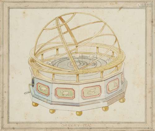 British School, late 19th/early 20th century- Orrery, as seen in 1792; pen and grey coloured ink and