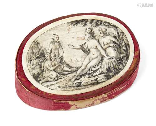 An engraved oval ivory plaque, 18th century, formally a box cover, depicting a scene from antiquity,