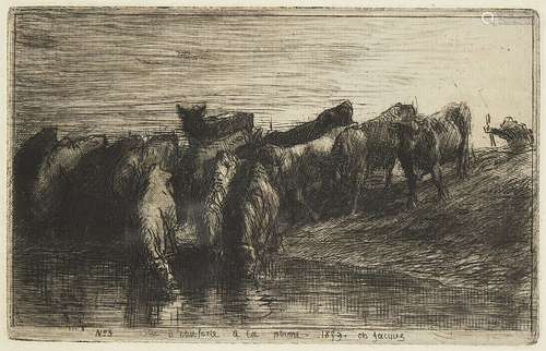 Charles-Émile Jacque, French 1813-1894- Cattle drinking from a pool; etching with drypoint,