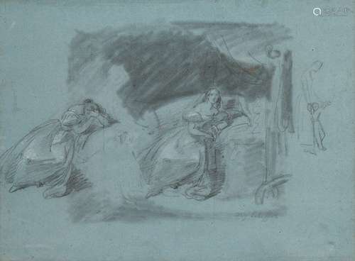 Follower of Ary Scheffer, Dutch 1795-1858- Lady in her bedchamber with an attendant; pencil on