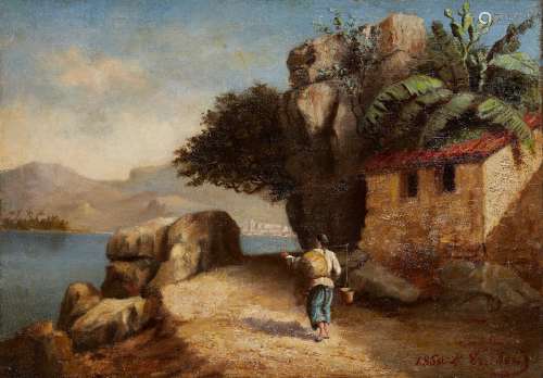 Franco/Chinese School, mid-19th century- Figure on a coastal path with a fortified promontory and