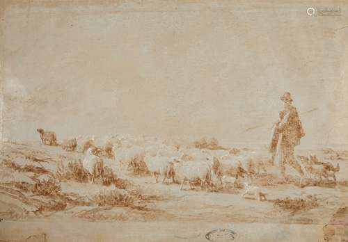 Eugene Joseph Verboeckhoven, Belgian 1798-1881- Sheep drover in a landscape; brush and brown ink