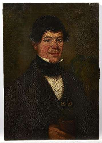 British School, early-mid 19th century- Portrait of a gardener, half-length turned to the right in a