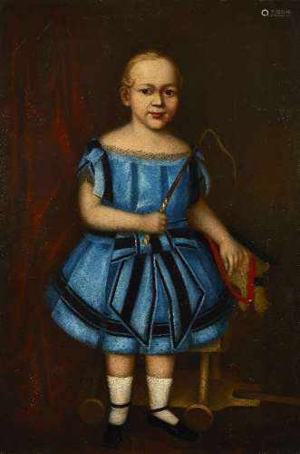 British Primitive School, mid-19th century- Portrait of a young girl standing full-length by a
