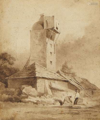 William P Rogers, Irish fl.1842-1883- Figures by a windmill; pen and brush and brown ink, signed