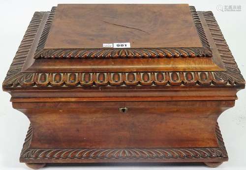 A William IV walnut sarcophagus shape box, with egg and dart border, adapted, 43cm wide x 24cm high.