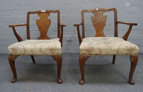 A pair of mid-20th century child's walnut open armchairs, of George I design, 57cm wide x 66cm high,