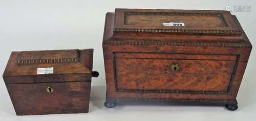 A William IV mahogany sarcophagus tea caddy, with twin lidded interior and split bobbin mounts,