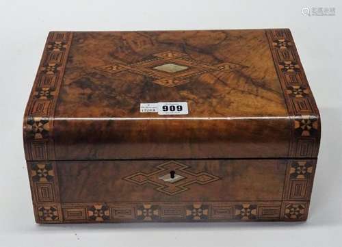 A Victorian parquetry inlaid and mother-of-pearl walnut dome top box, 30cm wide x 13cm high,