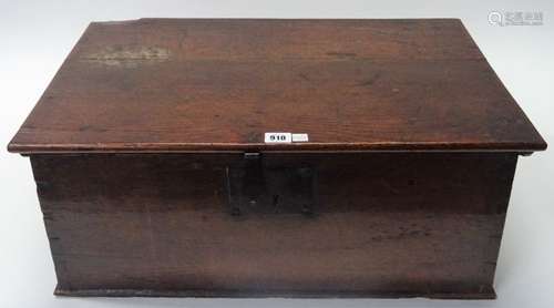 An 18th century oak bible box of plain plank construction, 63cm wide x 25cm high.