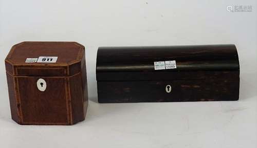 A George III tulipwood banded harewood single caddy, of canted rectangular form, 12.