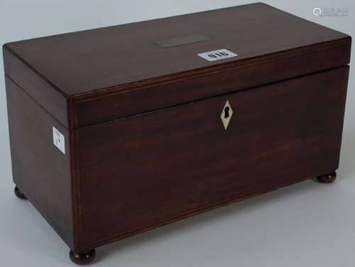 A George III mahogany boxwood strung tulipwood crossbanded rectangular tea caddy, 30.