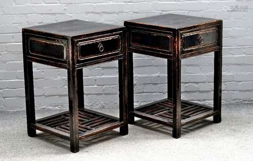 A pair of late 19th/ early 20th century Chinese black lacquer square single drawer side tables with