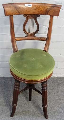 A Regency rosewood lyre back height adjustable music stool on splayed reeded supports,