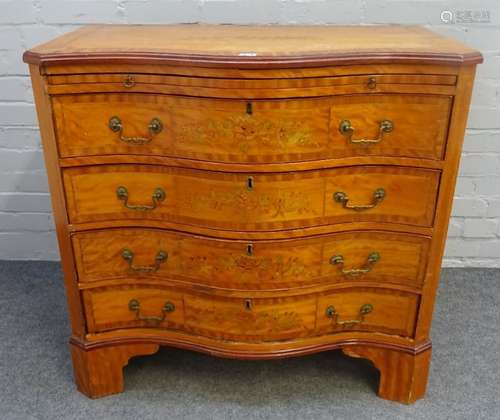 A George III style floral marquetry inlaid satinwood serpentine commode,