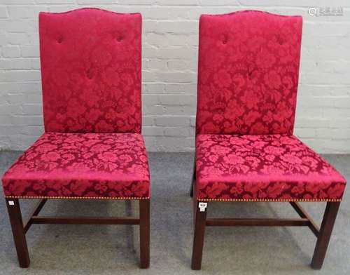 A pair of George II style hump back side chairs, on canted mahogany square supports,