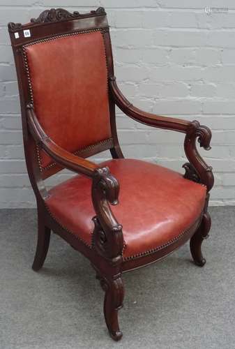 A Louis Philippe mahogany framed open armchair on capped sabre supports, 60cm wide x 102cm high.