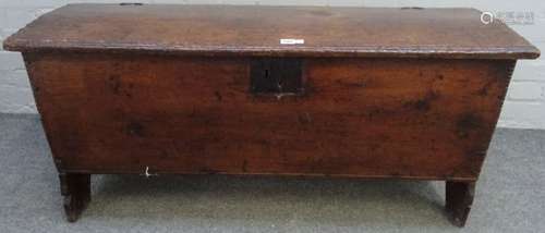 A 17th century oak plank coffer, with chipwork decoration, on slab end supports,