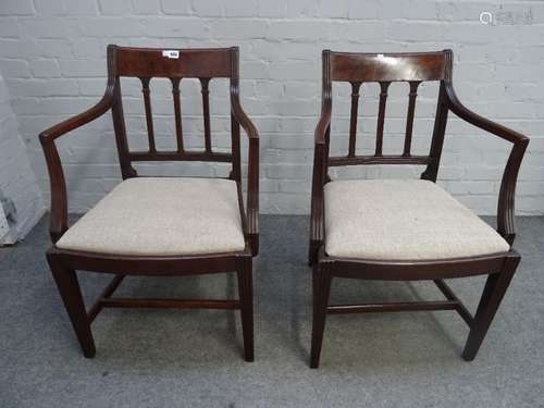 A pair of George III mahogany carver chairs, with bow seat, on tapering square supports,