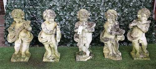 A set of five Vicenza stone figures of cherub musicians on square bases, each approx 75cm high, (5).