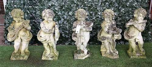 A set of five Vicenza stone figures of cherub musicians on square bases, each approx 75cm high, (5).