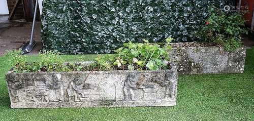 A pair of reconstituted stone rectangular planters, relief moulded with Medieval artisan figures,