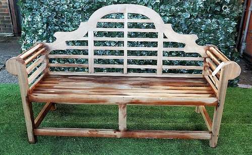 A Lutyens design teak framed garden bench, 165cm wide x 104cm high.