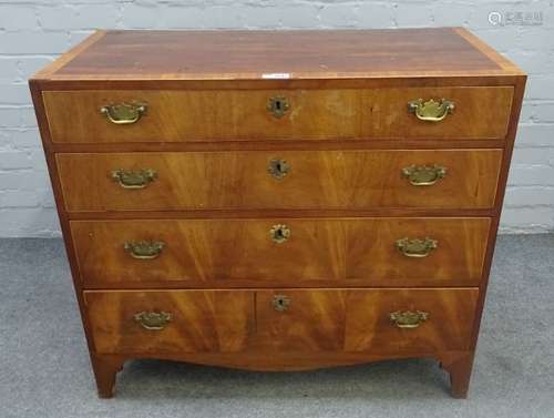 A George III crossbanded and inlaid mahogany chest of four long graduated drawers, on bracket feet,