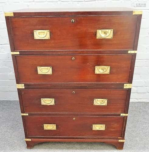 A campaign style brass bound mahogany two part chest of four long drawers, on bracket feet,