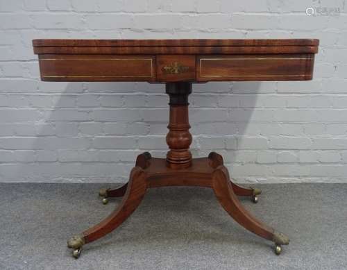 A George III brass inlaid mahogany 'D' shape card table,