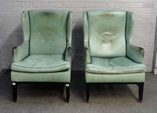 A pair of aqua green leather upholstered mid-20th century wingback easy armchairs,