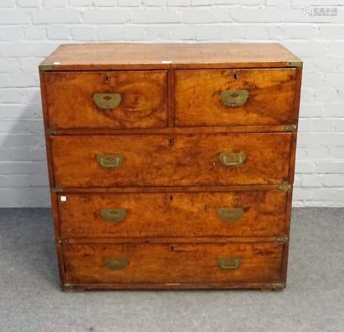 A 19th century brass bound camphor wood two part campaign chest with two short and three long