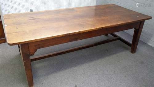 A 19th century oak kitchen table, the rectangular plank top on square supports,