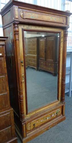 A North European pitch pine style mirrored door wardrobe with single drawer base,