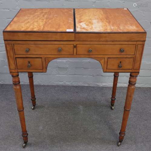 A late George III inlaid satinwood lift top dressing table,