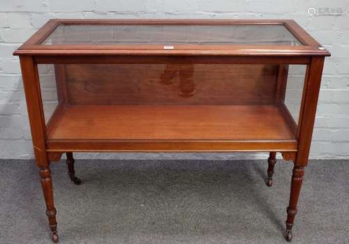 A late 19th century mahogany display case, with lift top on turned supports, 107cm wide x 84cm high.