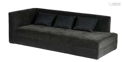 A contemporary grey Valarie sofa, the back and sides in grey pinstripe with three matching cushions,