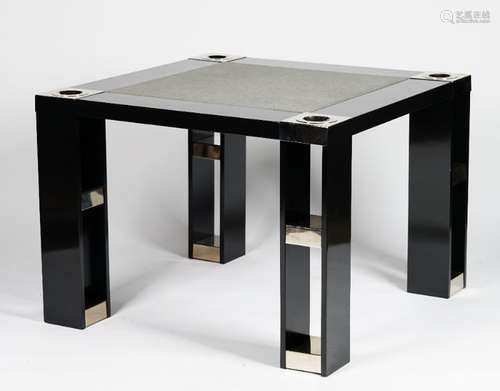 A contemporary black lacquered games table, the square top with grey felt inset and nickel accents,