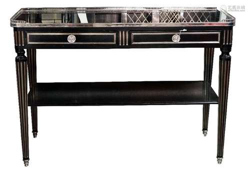 A contemporary ebonised silvered metal mounted console, in Louis XVI style, with black glass top,