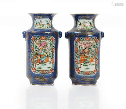 A pair of Chinese cylindrical blue-ground vases, 20th century,